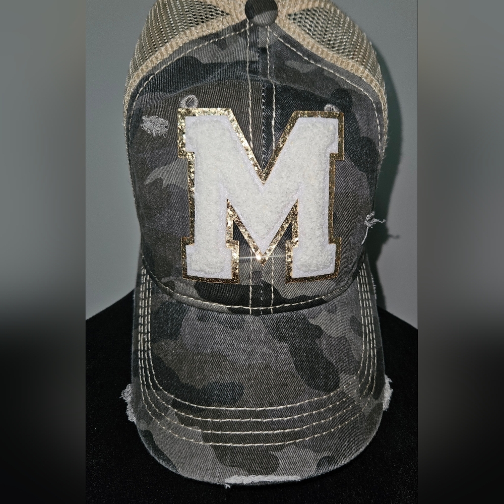 C.C Camouflage Pattern Baseball Cap w/ Mesh & White w/ Gold Trim "M" Monogram